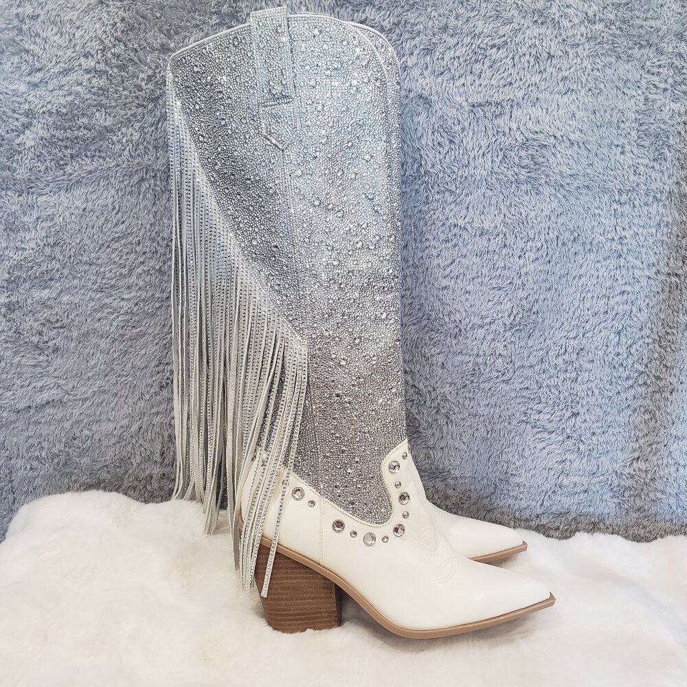 Steve Madden Boots Lexy Womens 10 Western, Fringe, Rhinestone, Knee High
